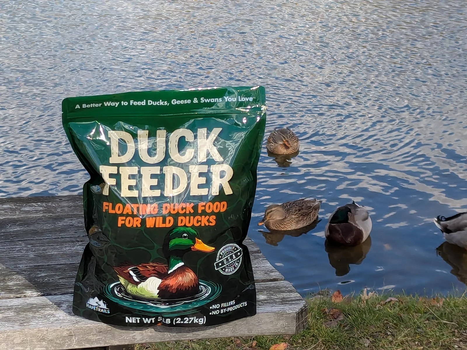 A bag of Duck Feeder on a wooden dock at the pond, with mallards swimming up beside it