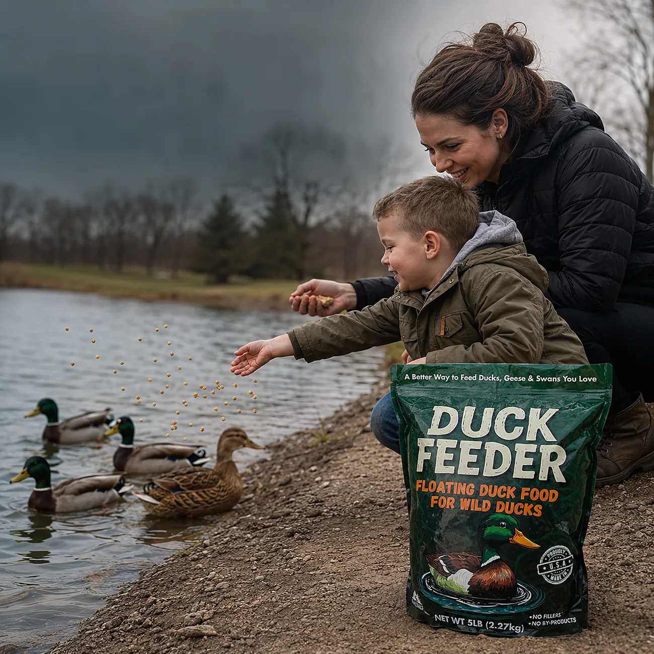 A mother and son in fall jackets tossing Duck Feeder pellets to mallards at the edge of a pond