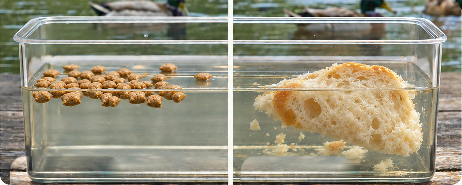 Float test in a clear tub: Duck Feeder pellets floating on the left, a soggy piece of bread sinking on the right