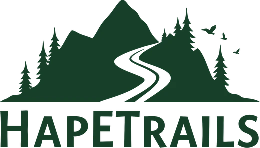 Hapetrails logo: a mountain with a winding trail and pine trees