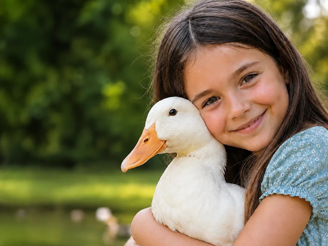 A smiling girl hugging her white pet duck by the water